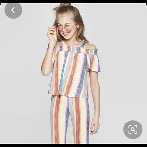 Multi colored cold shoulder top & bell bottoms